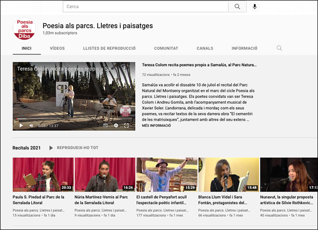 Al canal de Youtube Poesia als parcs ja es poden veure els vídeos dels espectacles del cicle del 2021. Autor: XPN