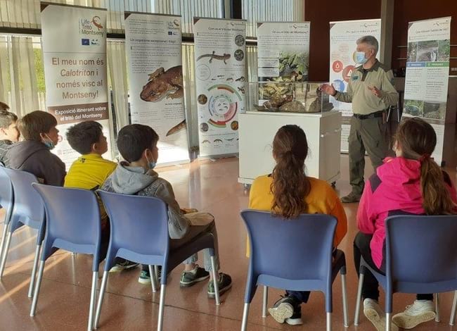 Guarda del Parc Natural oferint la xerrada als infants de l'escola Alzines Balladores, de Sant Feliu de Buixalleu. Autor: Life Tritó Montseny