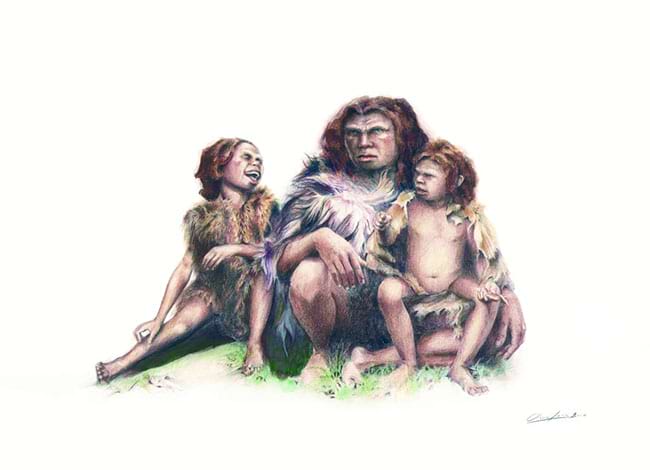Il·lustració dels tres individus neandertals de la cova Simanya. Autora: Ana Lombao