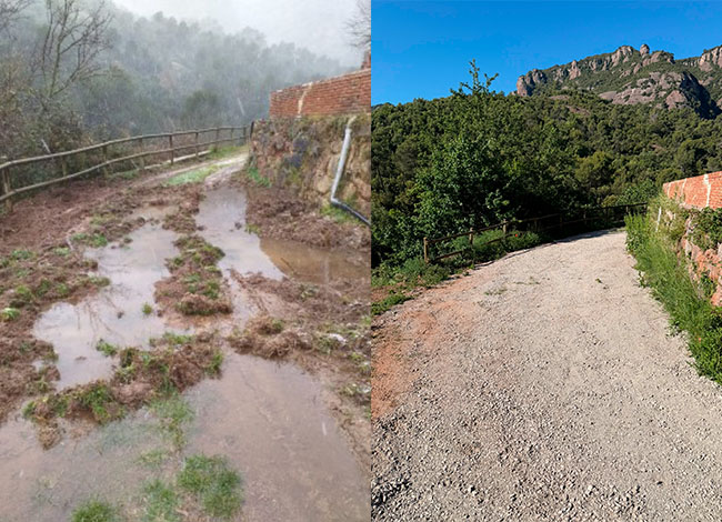 Camí inundat i el mateix camí, ja reparat. © XPN