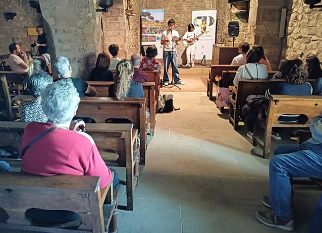 El públic escoltant recitar Jun Komura, a l'ermita de Sant Pere de Reixac. Autor: XPN
