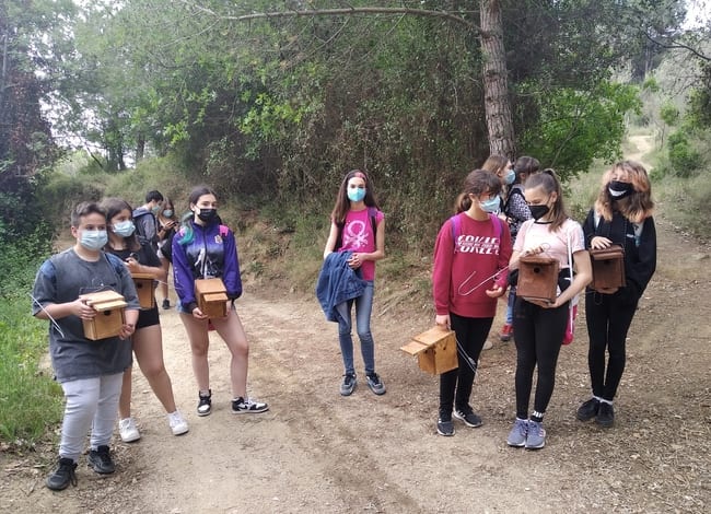 Grup d'alumnes durant la instal·lació de les caixes niu. Autor: Aloc