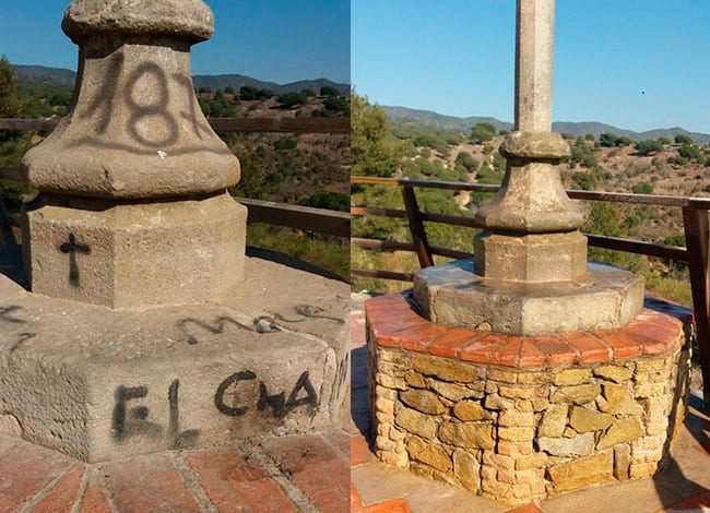 Un altre element amb grafits, la creu de terme de Santa Coloma de Gramenet - Badalona, abans i després de la neteja. Autor: XPN