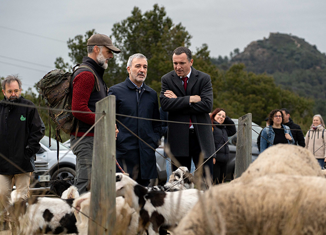 Jaume Collboni i Òscar Ordeig, amb Raimon Roda al fons, en un moment de la roda de premsa. Autoria: AMB / Aran Rodríguez