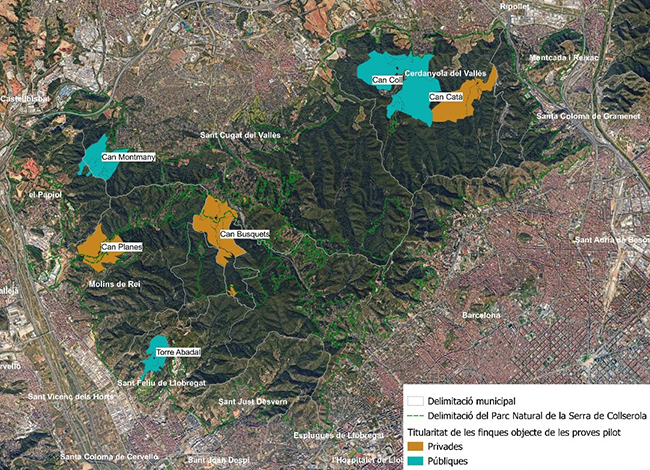 Mapa de les finques del Parc Natural on es duran a terme les proves pilot. Autoria: Consorci del Parc Natural de la Serra de Collserola