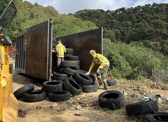 Els pneumàtics retirats es col·loquen en un contenidor per ser traslladats al centre de tractament. Autoria: Consorci del Parc Natural de la Serra de Collserola