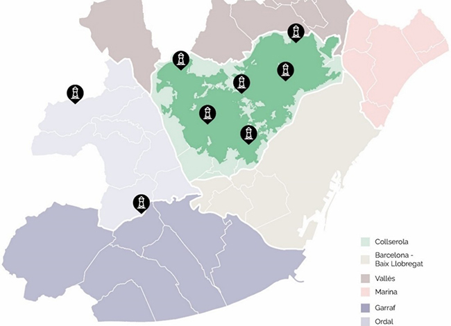 Situació de les torres de guaita del dispositiu, sis dins el Parc. Autoria: Parc Natural de la Serra de Collserola