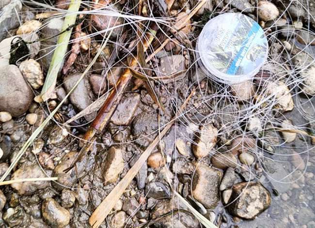 Ham i fil de pescar abandonats a la llera per part de pescadors il·legals al tram d’ús públic de Sant Adrià. Autor: Xavier Larruy