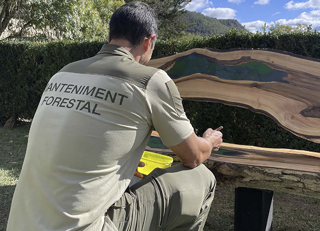 Un dels treballadors de manteniment vernissant un banc. Autor: XPN