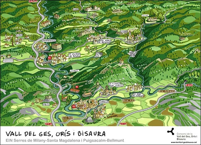 Mapa il·lustrat del territori Ges Bisaura.<br />Autor: David Riera