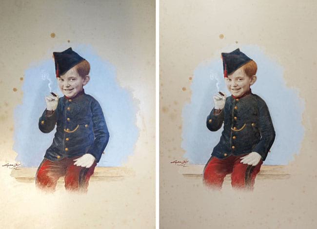 La foto del nen que fuma, abans i després de la restauració. Autor: Estudi Napoleon
