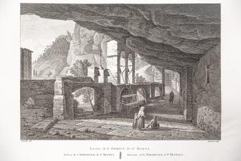 Claustre de l'església de Sant Miquel del Fai. Voyage pittoresque et historique de l'Espagne, d’Alexandre Laborde (1806). Arxiu del Servei de Patrimoni Arquitectònic Local